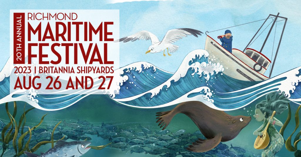 Illustrated ocean with fishing boat floating above a sea lion and mermaid playing a ukulele with red text on white background that says Richmond Maritime Festival.