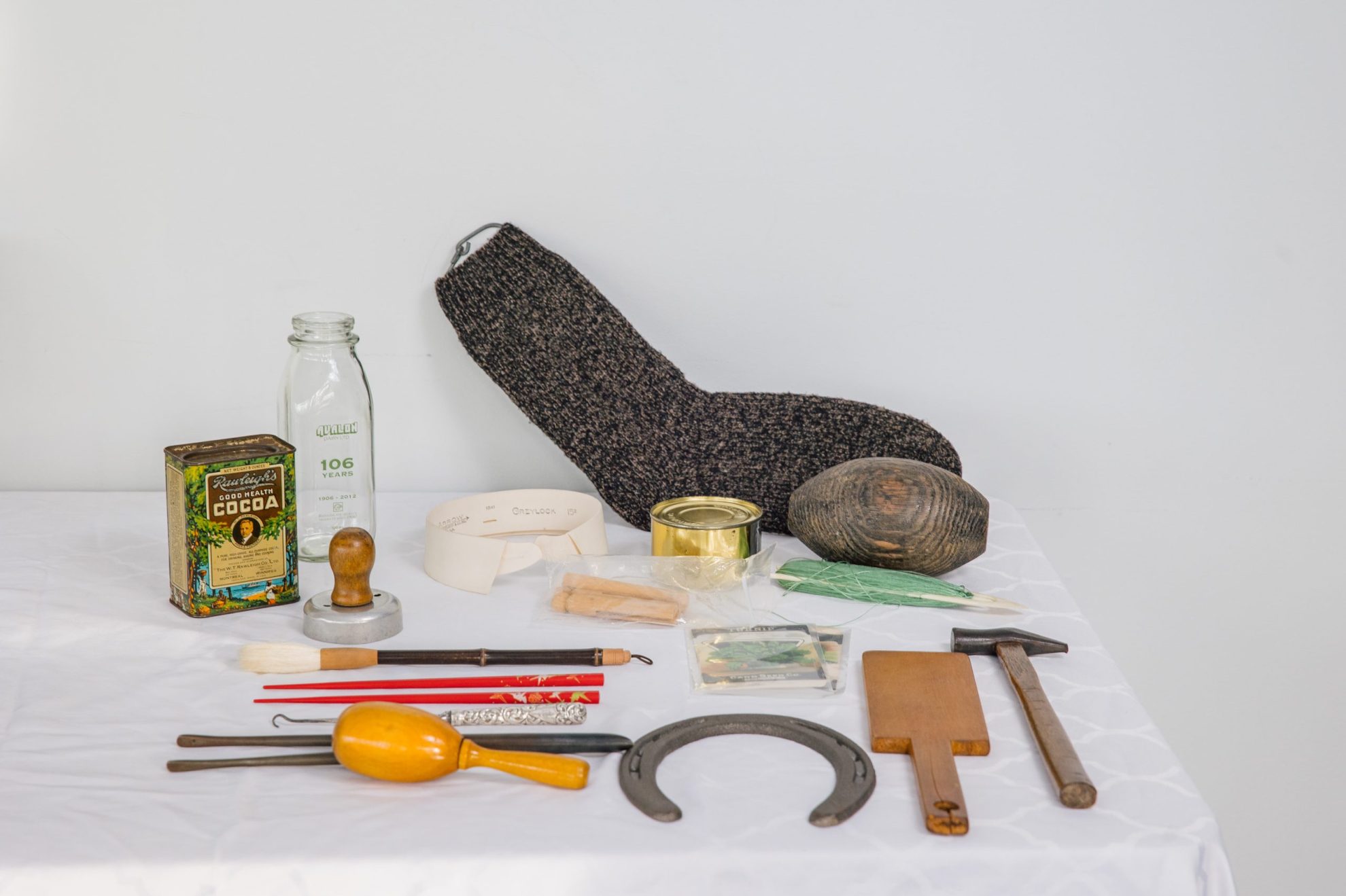 Artefacts from the Mudflatters education kit, on display on a white table