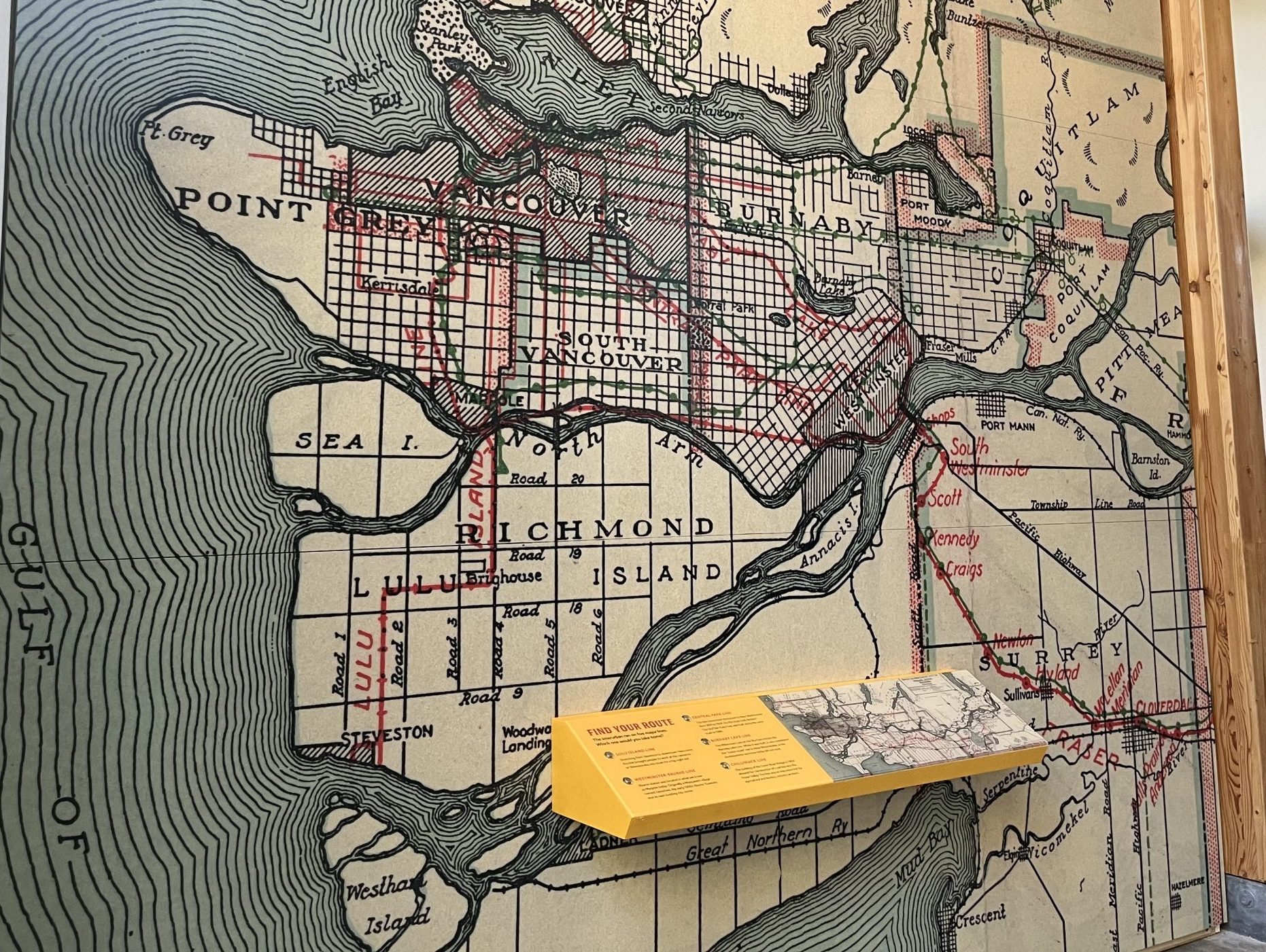 Map of historic interurban tram routes displayed on a wall panel