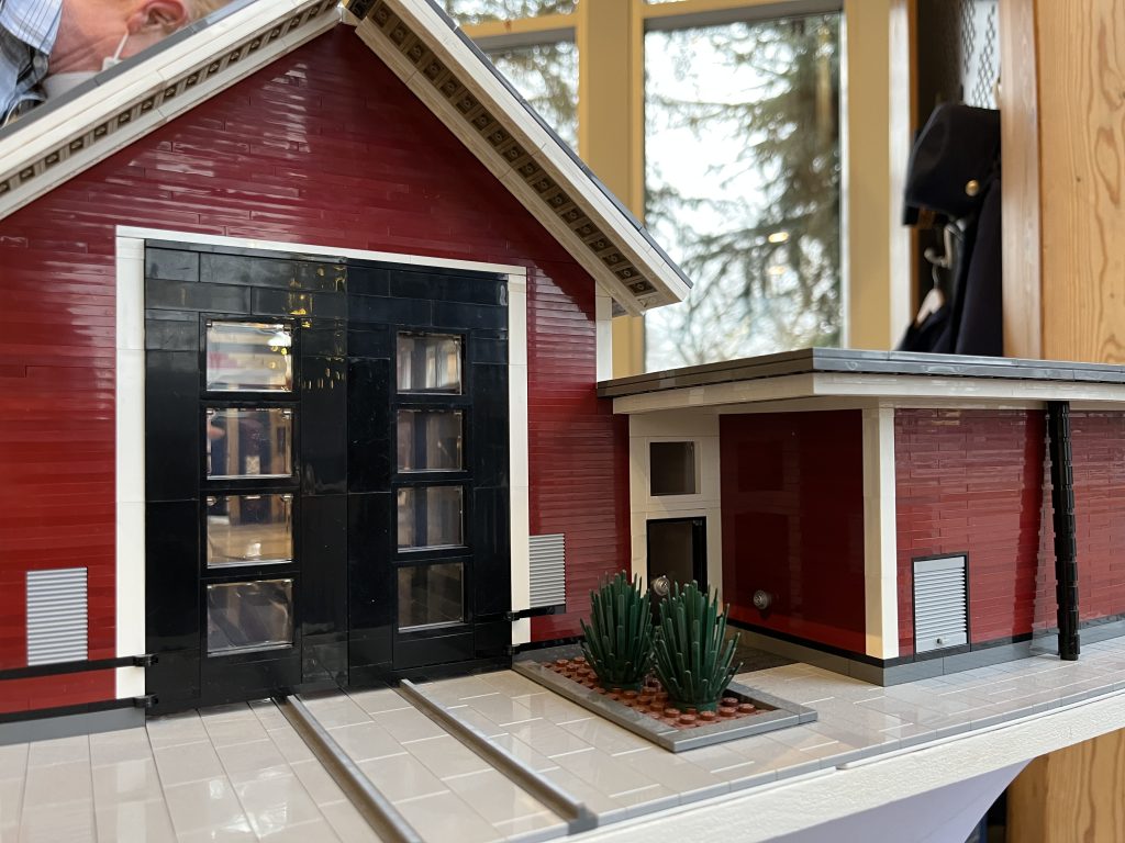 Front view of Steveston Tram Barn made of LEGO