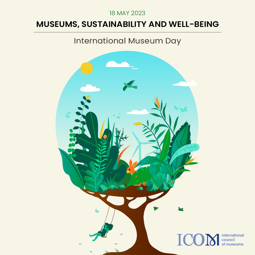 Poster for International Museum Day 2023 with illustrated tree and girl on a swing