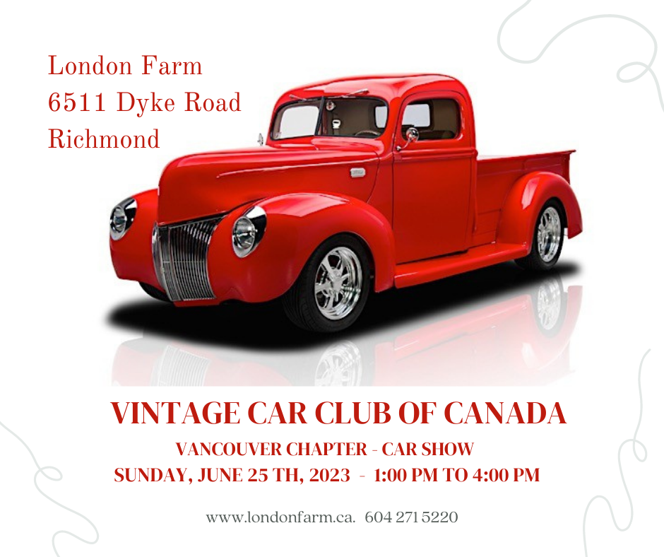Vintage red truck on white background with text describing Vintage Car Club of Canada event