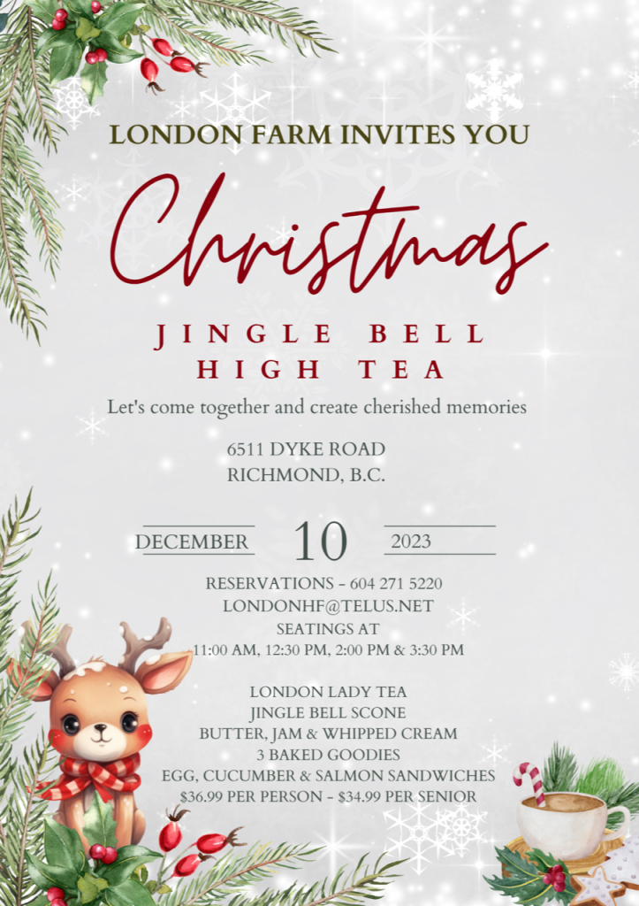 Red script on wintery background "London Farm Invites You Christmas Jingle Bell High Tea"