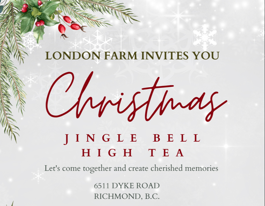 Red script on wintery background "London Farm Invites You Christmas Jingle Bell High Tea"