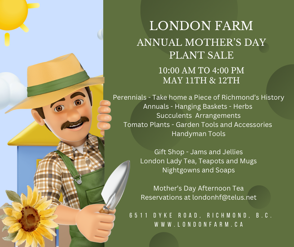 poster with illustrated male gardener holding a shovel with text describing London Farm annual Mother's Day plant sale