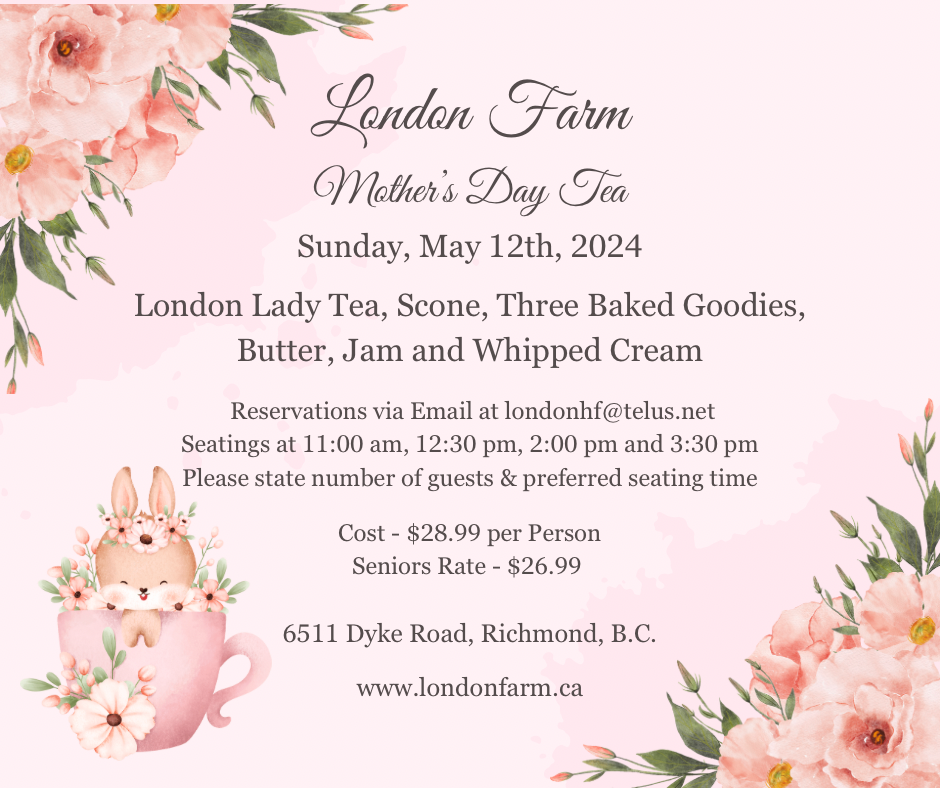 Pink illustrated poster with pink flowers and a bunny in a teacup with text promoting the London Farm Mother's Day tea