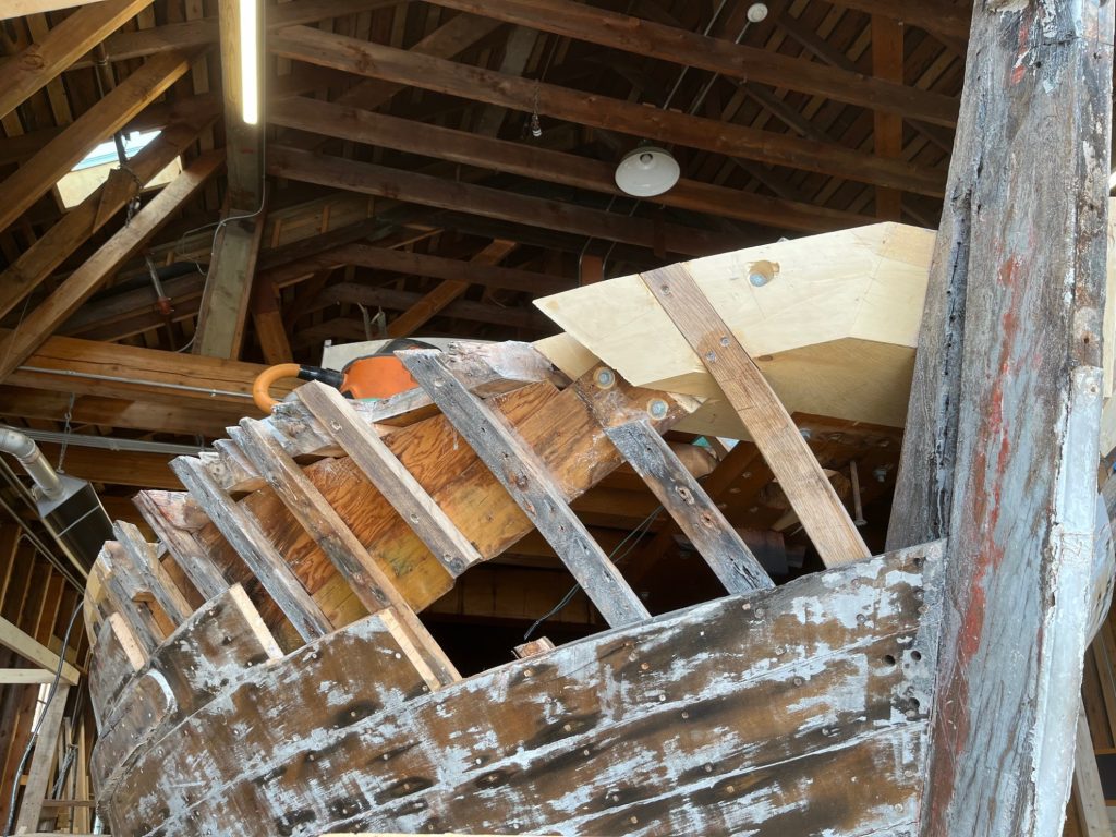 close up of old timber frame bow of boat