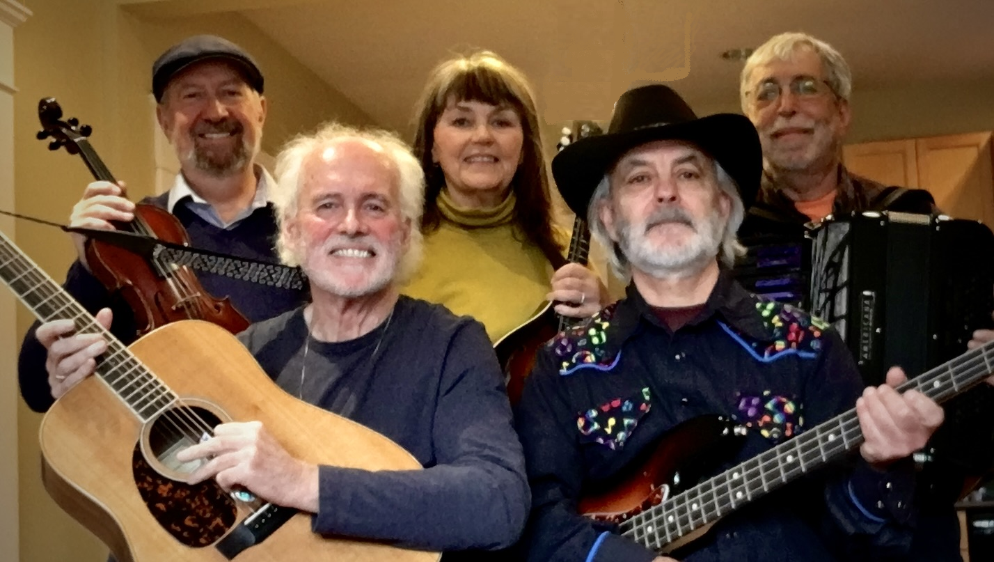 Four men and one woman posting with their instruments