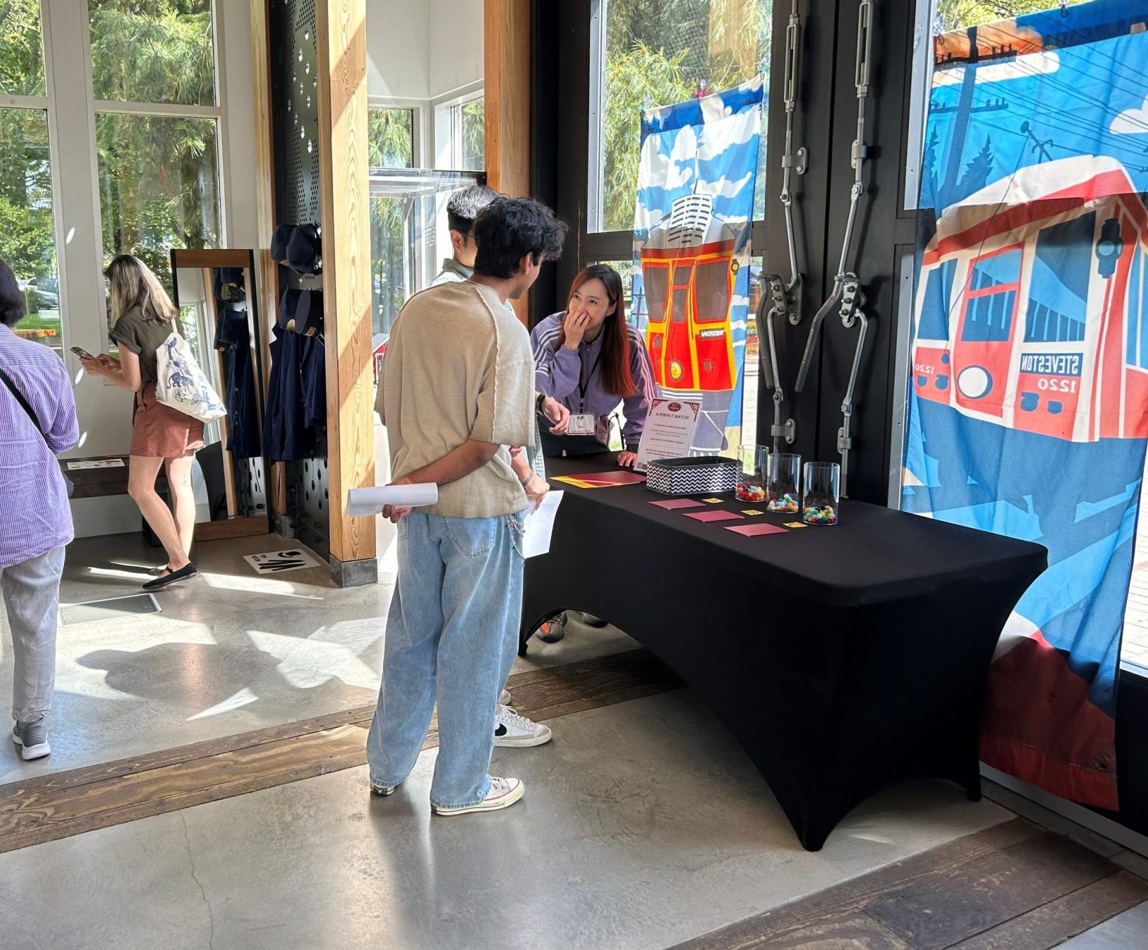 visitors enjoying an activity at the Steveston Tram