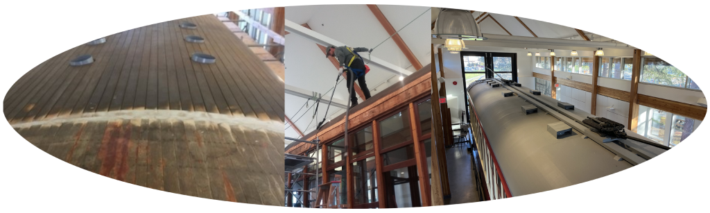 From left to right, an image of the old wooden roof, an image of a carpenter on the tram roof, and an image of the restored grey roof. 