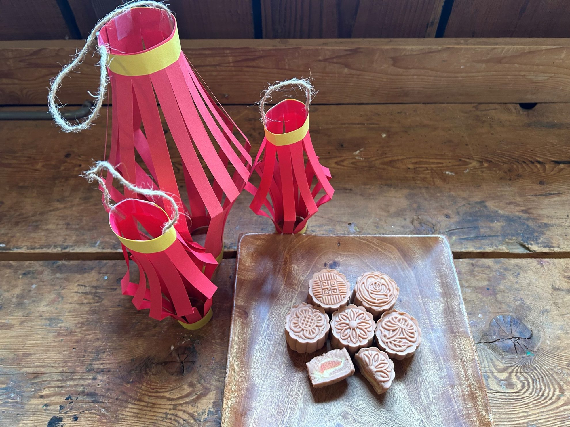 Red paper lanterns and playdough mooncakes