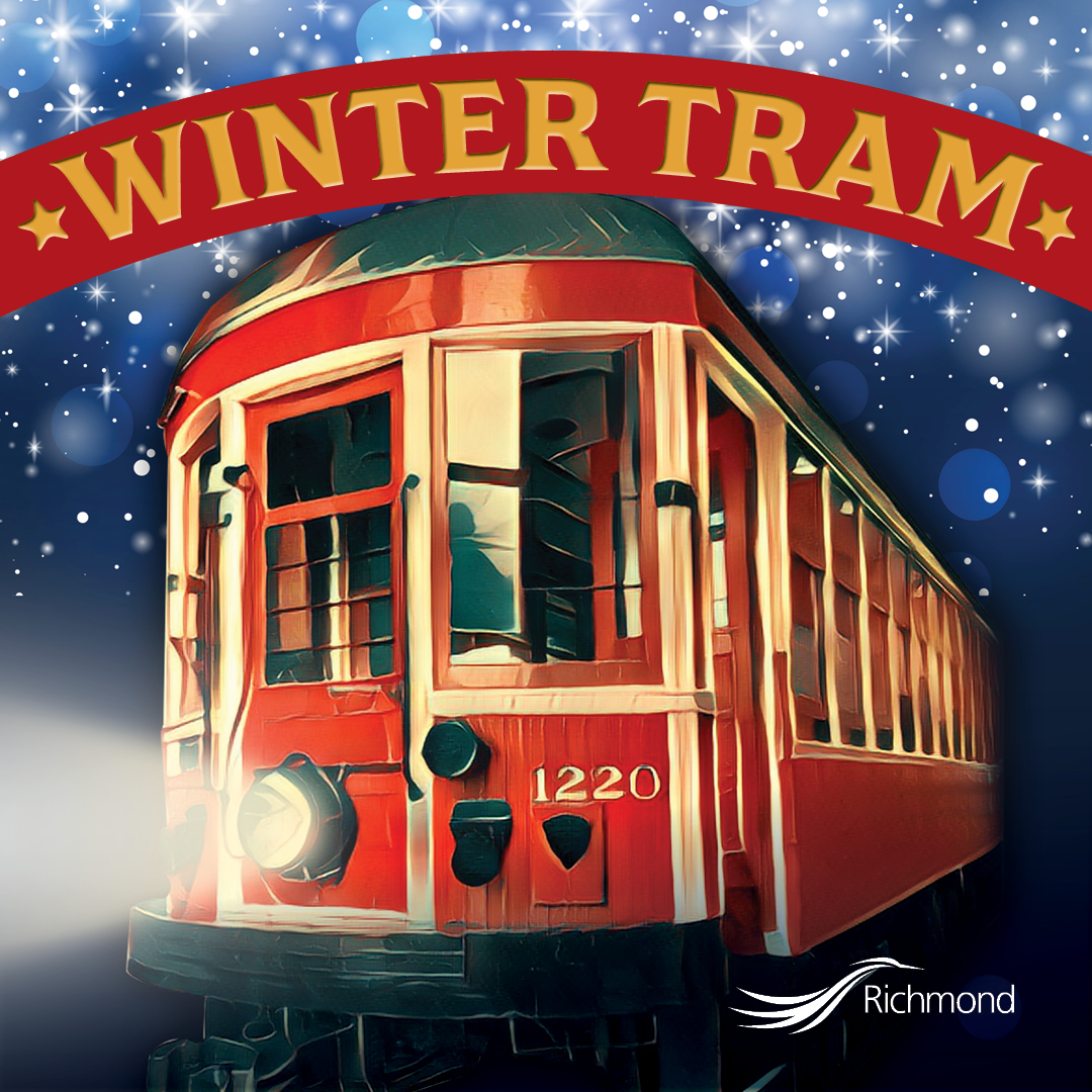 illustration of red and yellow tram car with banner text Winter Tram above a dark blue starry sky