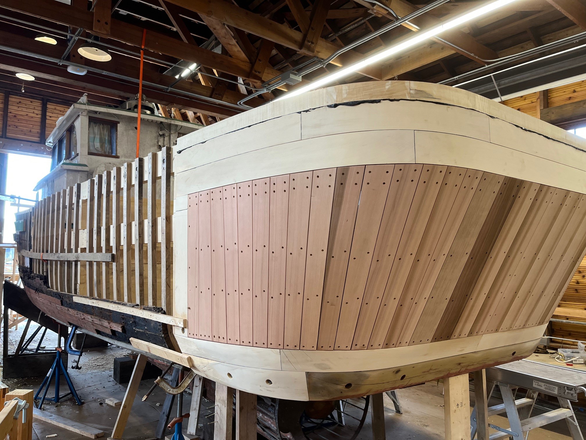 Exterior planks of new stern on Crystal S.