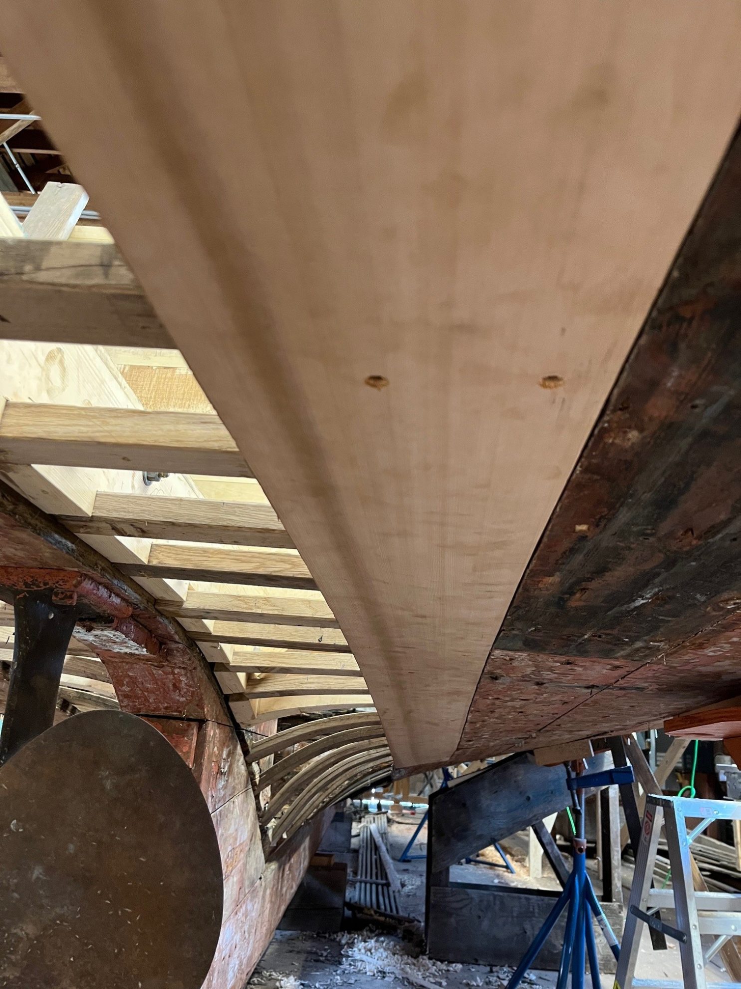 close up of bottom of wooden fishing boat