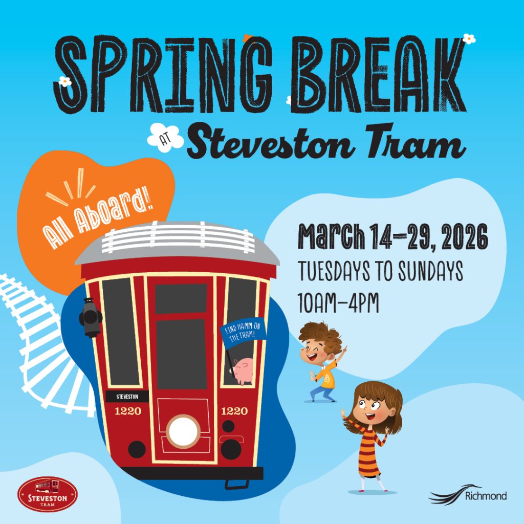 Illustration of tram and boy and girl playing with text Spring Break Steveston Tram