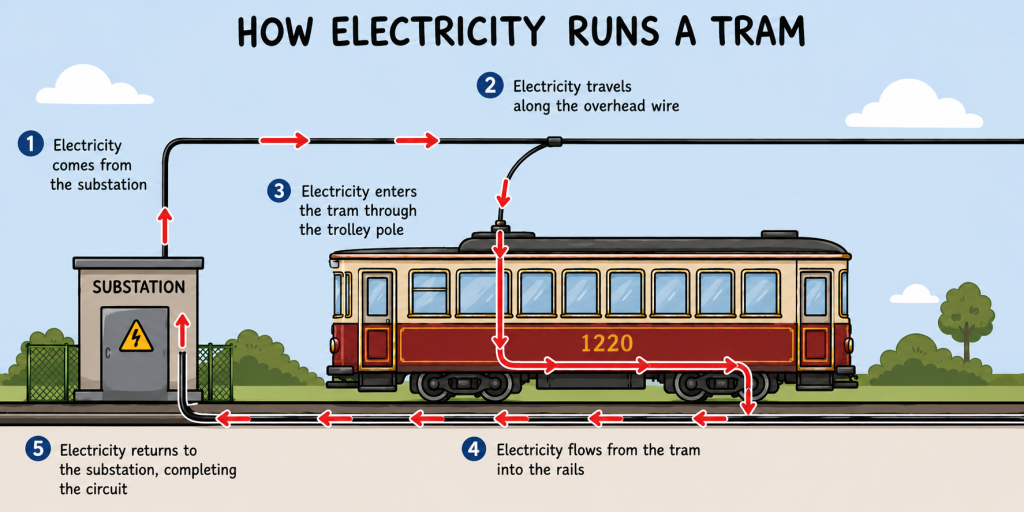 Illustration of Tram Car 1220 and how electricity runs to power it