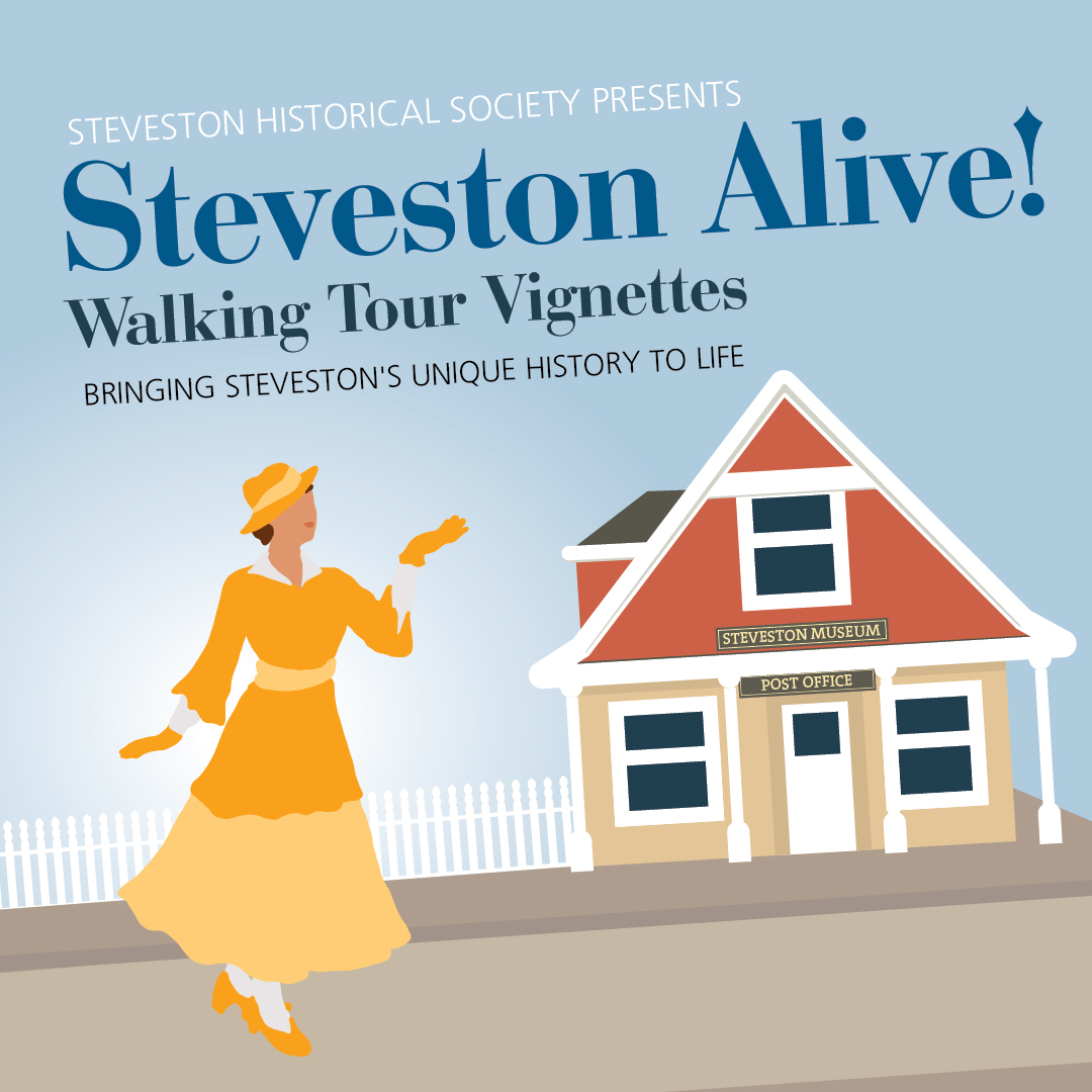 illustrated image of woman in period dress in front of Steveston Museum